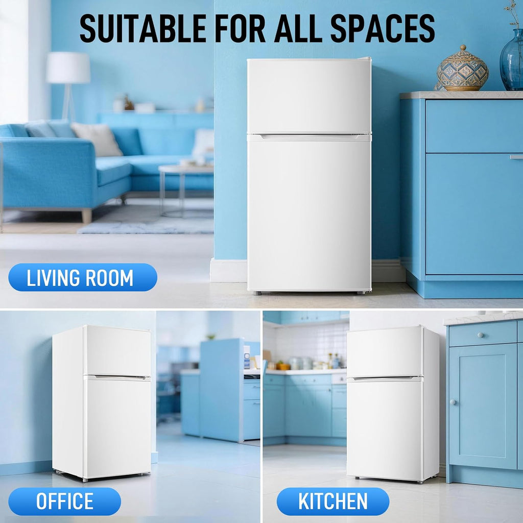 WANAI Mini Fridge with Freezer, 3.5 CU.FT Small Refrigerator with 2 Door & 7 Gear Mechanical Control & Side Bottle Rack, LED Light, Ideal for Dorm, Kitchen, Apartment, Office, White