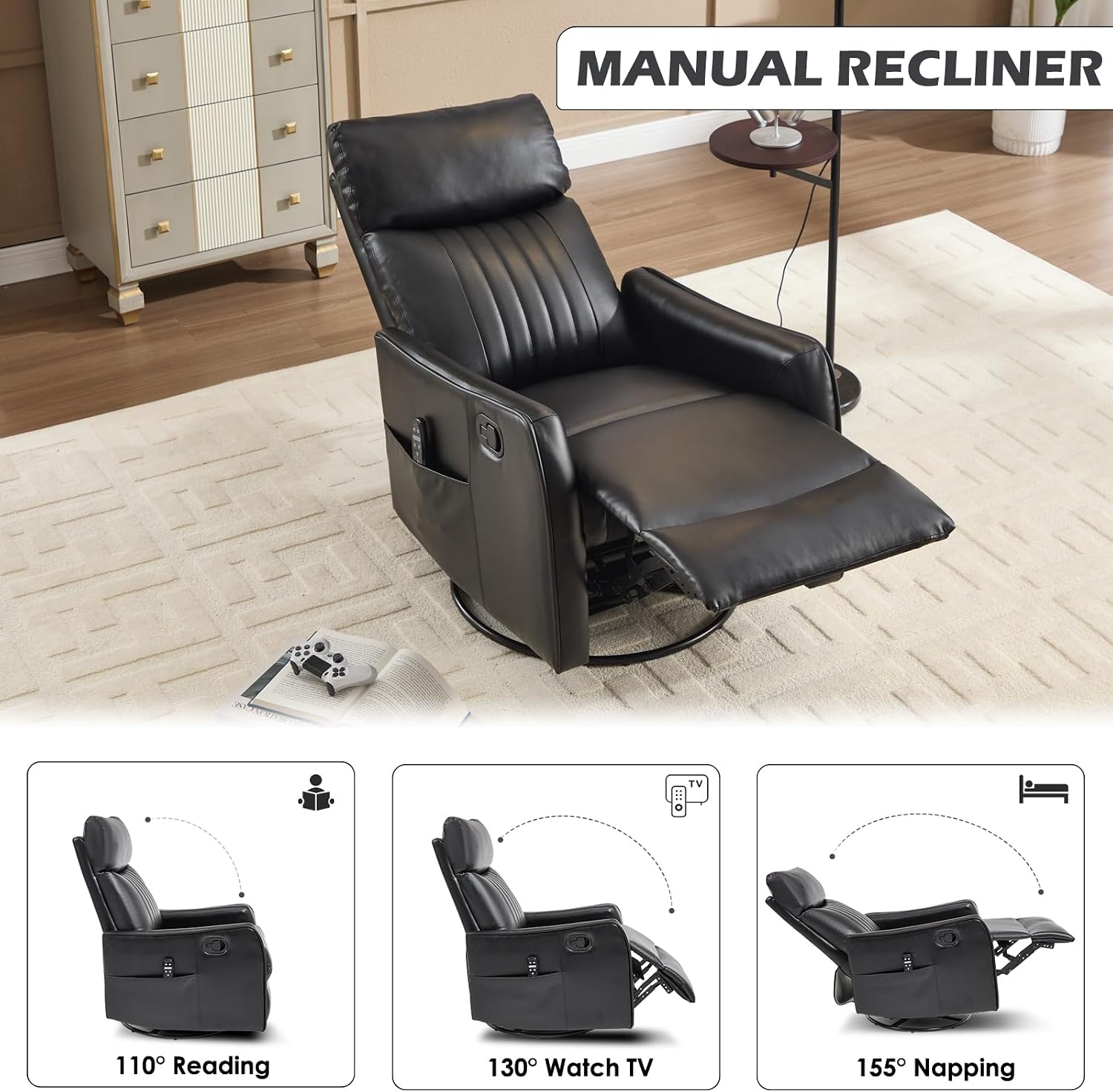 Trustyue Swivel Rocker Recliner Chair, 360° Swivel Recliner with Heat and Massage, Rocker Recliner Nursery Glider Chair with Side Pockets for Living Room (Black, Faux Leather)