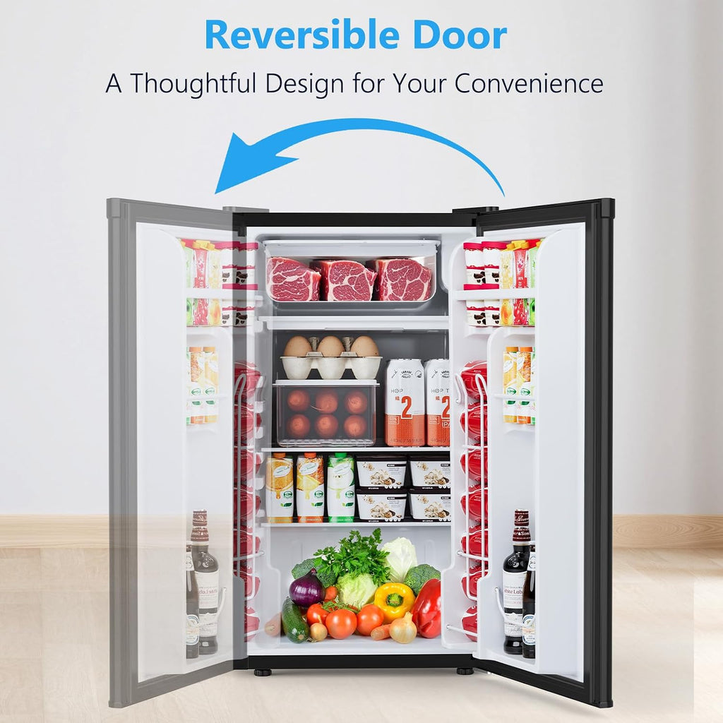 COWSAR 3.2 Cu.Ft Dorm Fridge with Freezer, Single Reversible Door Compact Refrigerator, Adjustable Thermostat, 2 Removable Shelves, Commercial Drink Fridge for Bedroom, Office, Kitchen, Dorm, Black