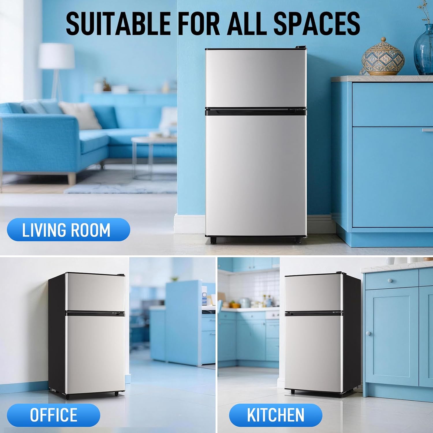 WANAI Mini Fridge with Freezer, 3.5 cubic feet 2- Doors Small Refrigerator Features 7 Gear Mechanical Control, Side Bottle Rack, Ideal for Dorm, Kitchen, Apartment, Office, Silver