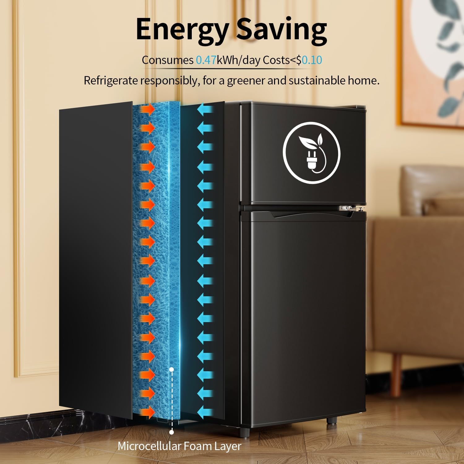 Tehanld Double Door Refrigerator with Freezer, Mini Fridge for Bedroom Office Dorm and Apartment, Small Compact Refrigerators with Wheels, Low Noise, Energy Saving (Black, 3.4Cu.Ft)