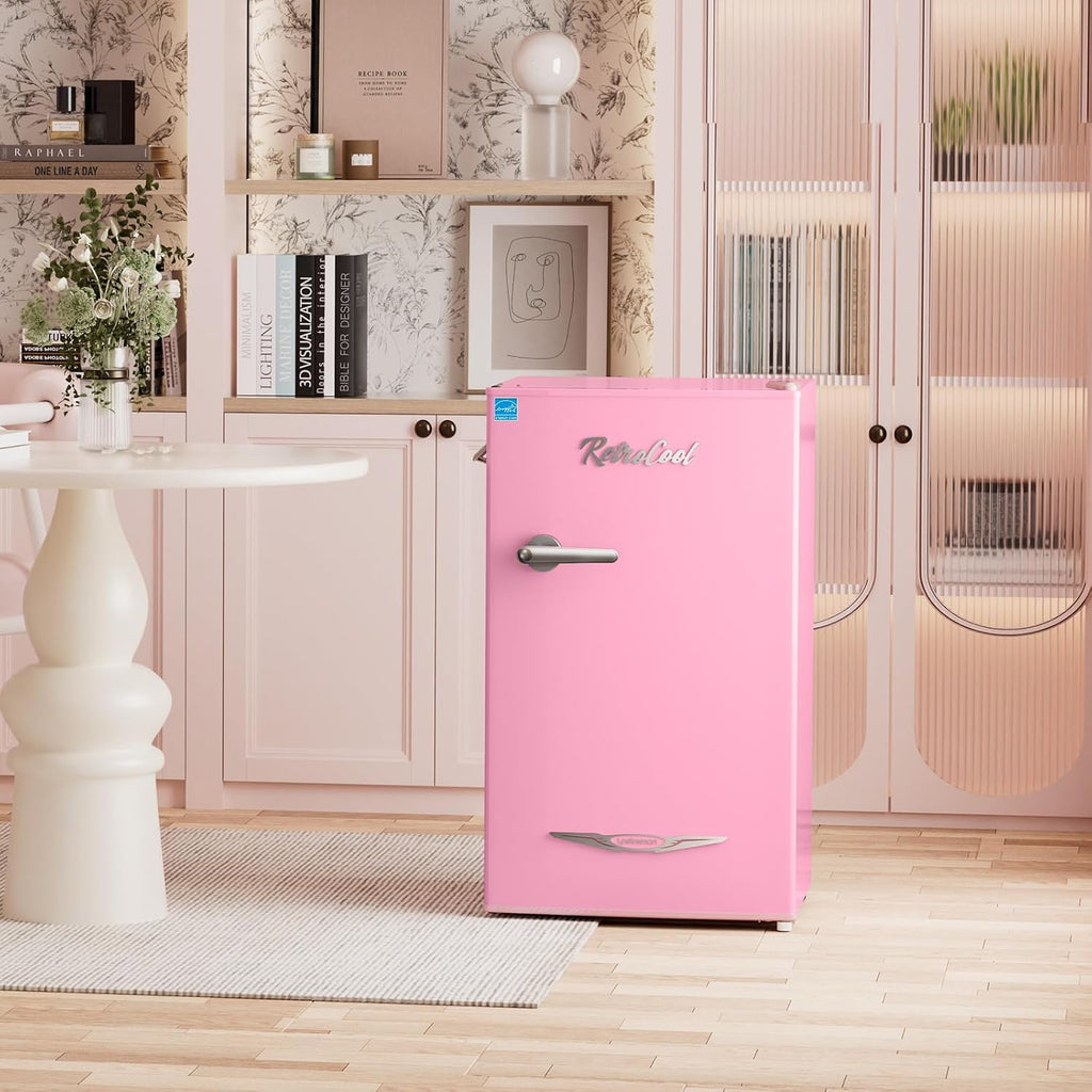 Upstreman 3.2 Cu.Ft Retro Mini Fridge with Bottle Opener, Energy Saving, Adjustable Thermostat, Metal Handle, LED Lamp, Mini Refrigerator for Bedroom, Office, Dorm-BR321 PRO (Pink)