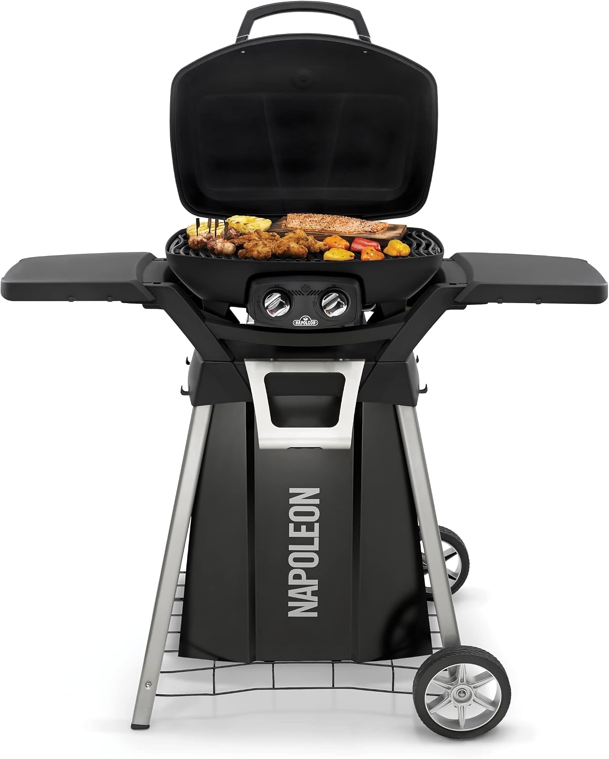 Napoleon BBQ Grill Accessory, TravelQ Stand for PRO285, Stainless Steel Condiment Tray, Integrated Bottle Opener, Concealed Propane Storage, Removable Side Shelves, All-Season Wheels