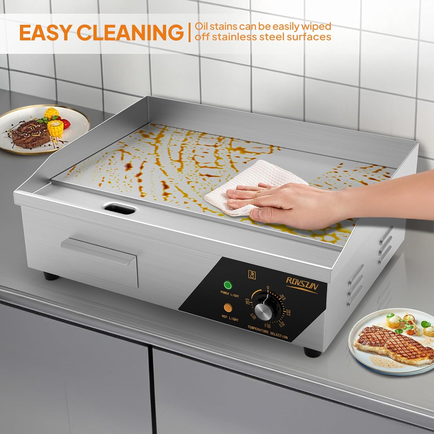 ROVSUN 22' Electric Countertop Flat Top Griddle, 1600W Electric Griddle, Teppanyaki Grill Stainless Steel with Adjustable Temperature Control 122°F-572°F for Home Restaurant Commercial