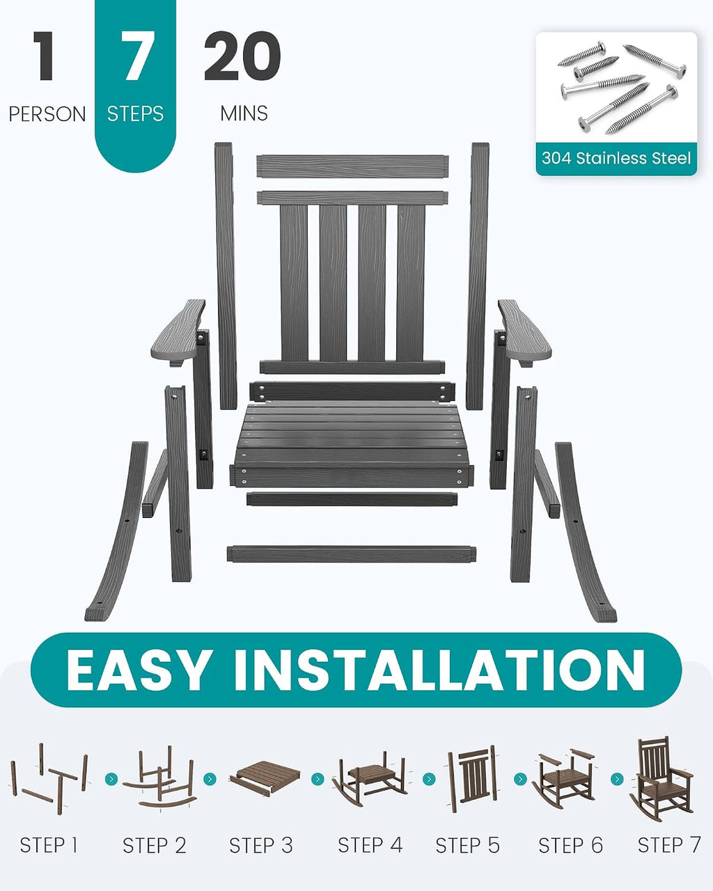 SERWALL HDPE Outdoor Rocking Chair Set of 6, Patio Rocking Chairs for Adults, All Weather Outdoor Rockers for Lawn, Grey