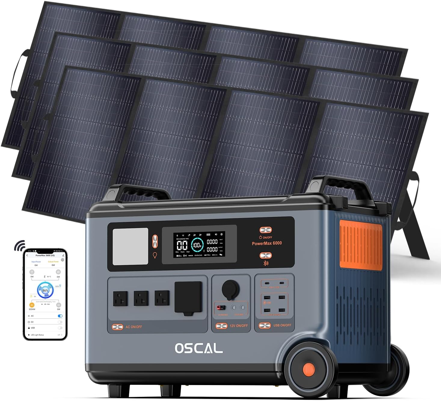 OSCAL PowerMax 6000 Solar Generator with 3×400W Solar Panel, 120V/240V Split Phase Voltage 6000W AC Outlets (9000W Peak), 2200W AC Charging/2400W Solar Charging, Emergency for Home, Battery Backup