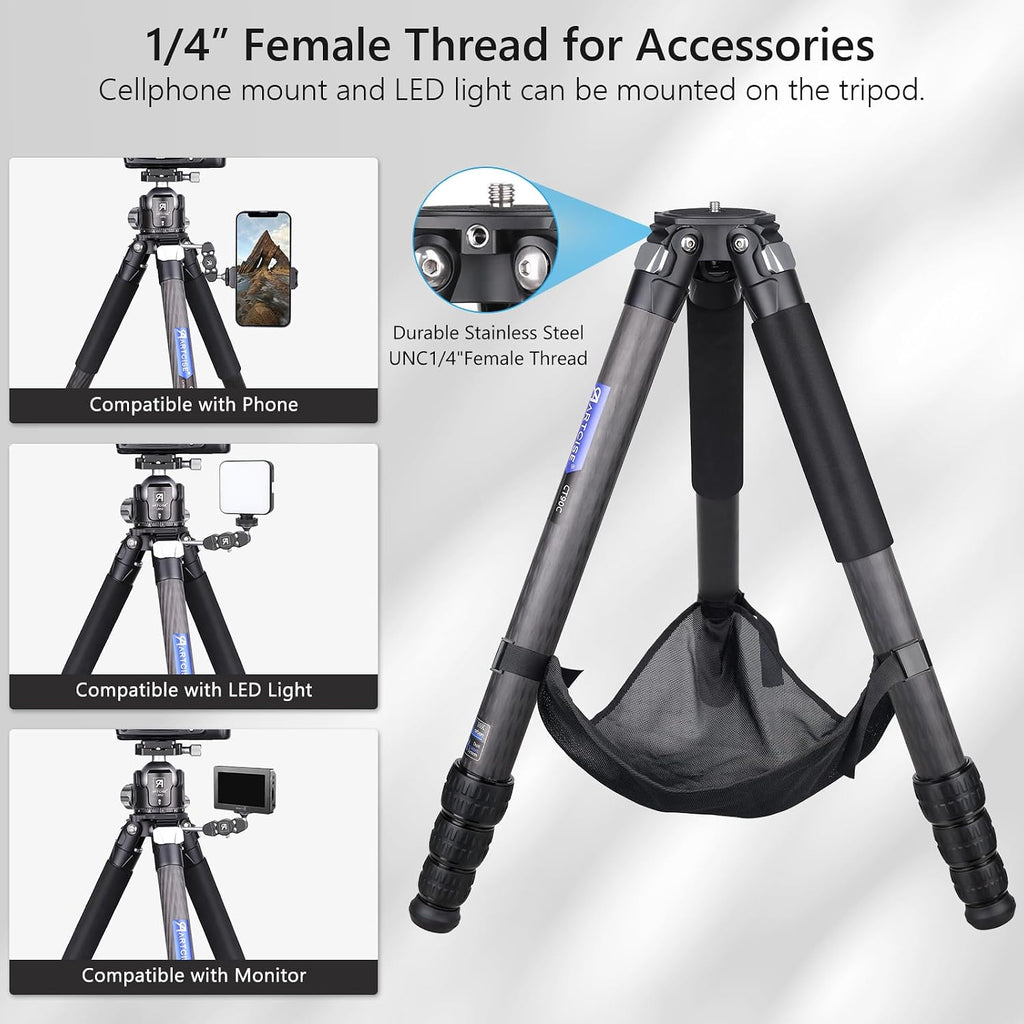 ARTCISE Heavy Duty 40mm Max Leg Tube Carbon Tripod Compact Carbon Fiber Travel Tripod 63.6in/162cm Height Stable Lightweight Stand for DSLR Video Camera Max Load 40kg
