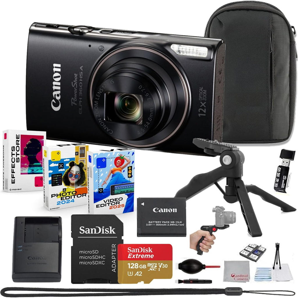 Canon PowerShot ELPH 360 HS A Digital Camera Bundle (Black) + Sandisk 128GB Extreme Micro Card + Grip Tripod. & Photo/Video Software Package + Accessory Kit