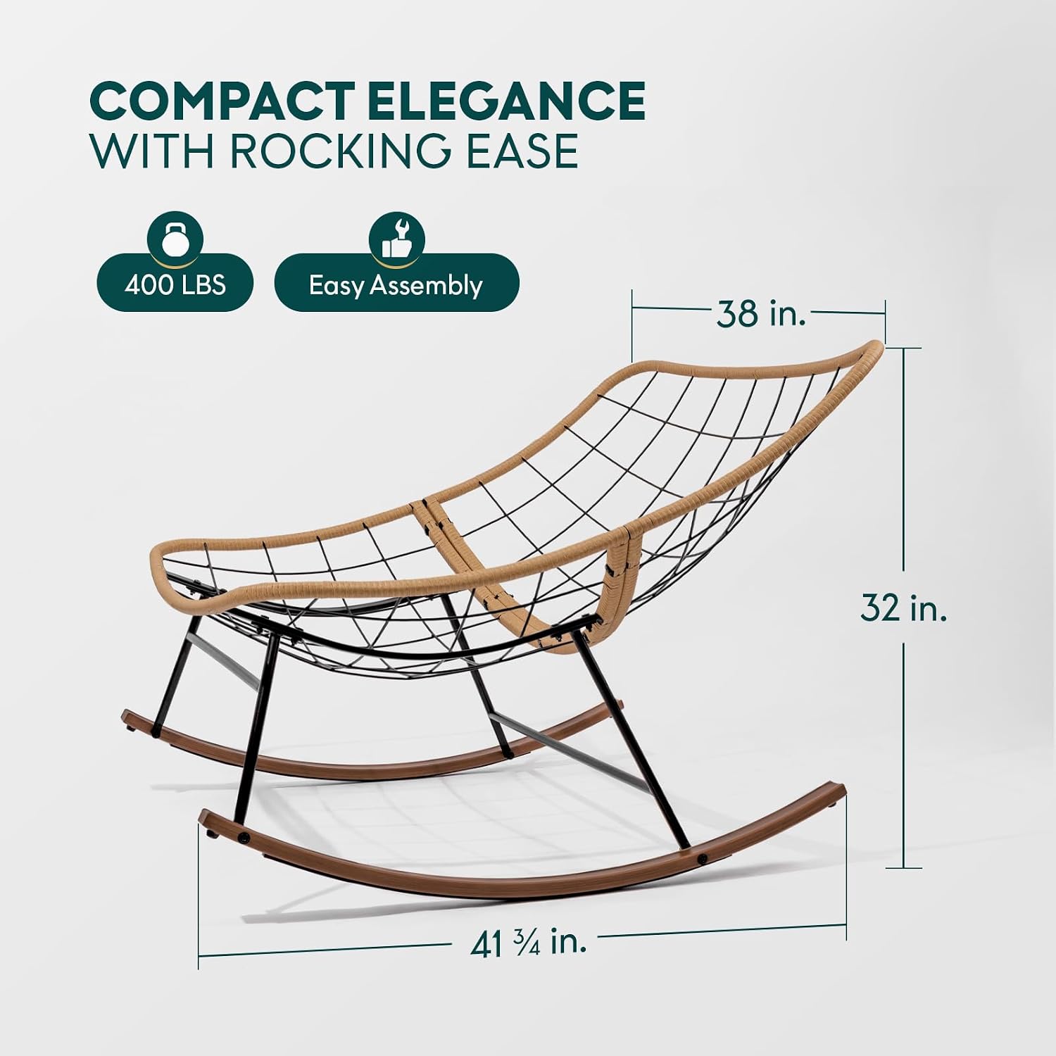 Bme Patio Rocking Chair Outdoor & Indoor, Beige Cushion - Wood Texture Rocker, Metal Patio Lounge Rocking Chair with Thick Cushion, Comfy Modern Rocker Chair for Living Room, Porch, Backyard