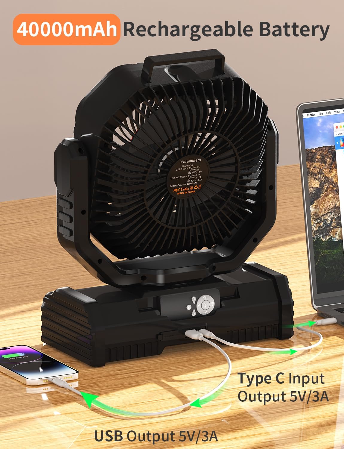 12 Inch Camping Fan,40000mAh Portable Fan with LED Lantern Light,Cool white & Warm White Dimmable Fans, Oscillating Fan with 360° Rotation Hanging Hook for Tents, Cordless USB Desk Fan(Black)