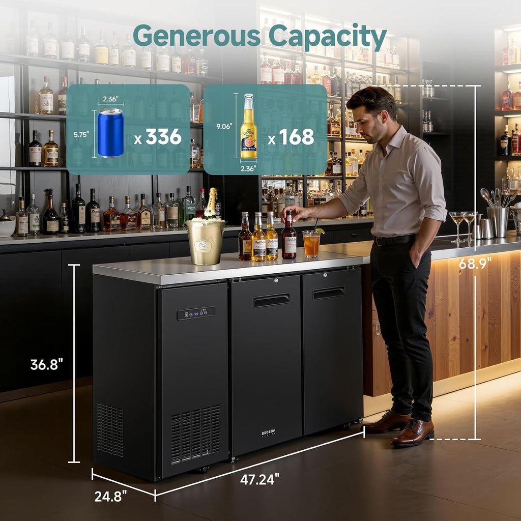 BODEGA BODEGACOOLER Commercial Back Bar Cooler with 2 Solid Doors,12 Cu.Ft Commercial Counter Height Bar Refrigerator,Display Drink Beverage Beer Fridge LED Light,SUS304 Top,4 Casters,Black