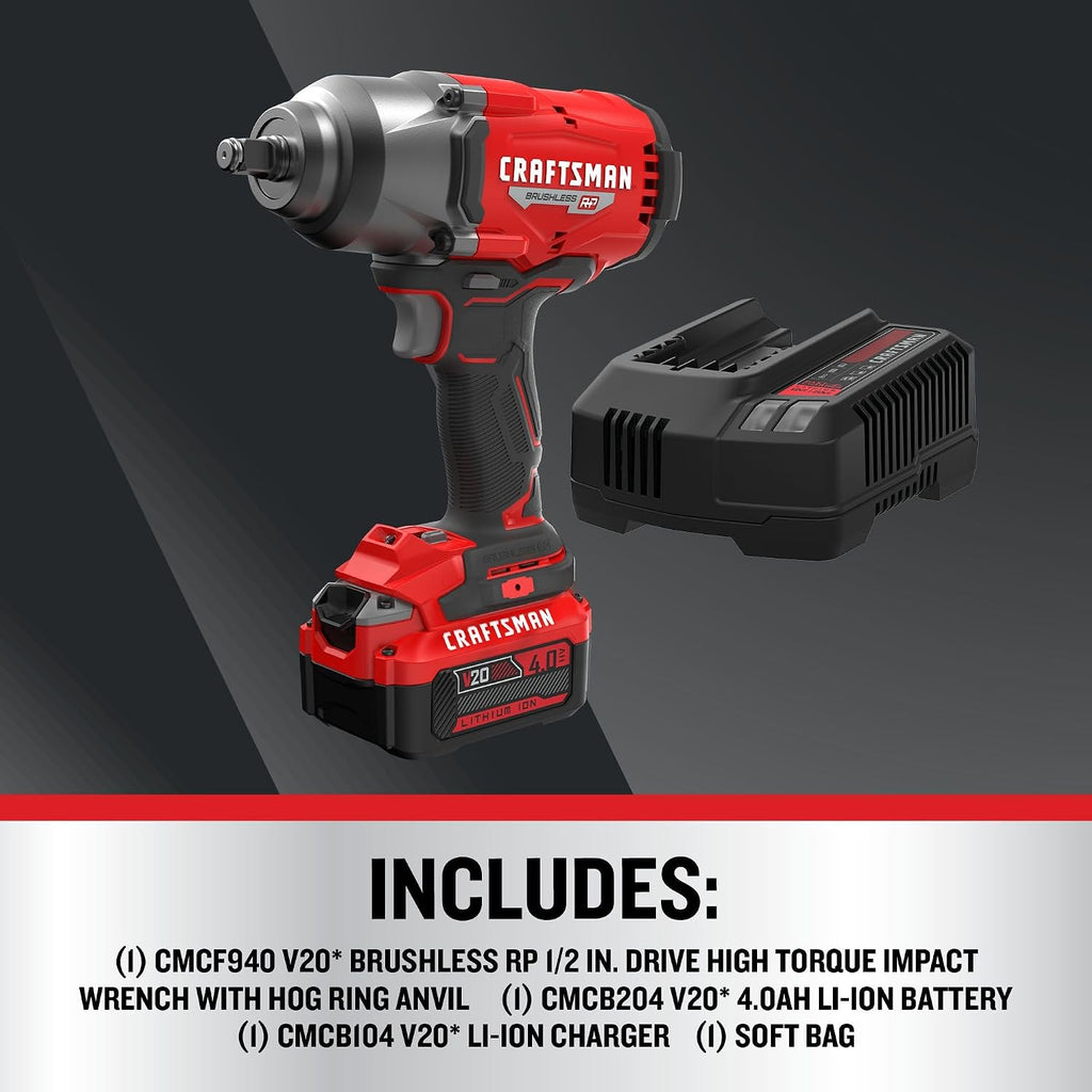 CRAFTSMAN V20 RP Impact Wrench, Cordless, Brushless, High Torque, 1/2 Inch, 4Ah Battery and Charger Included (CMCF940M1)