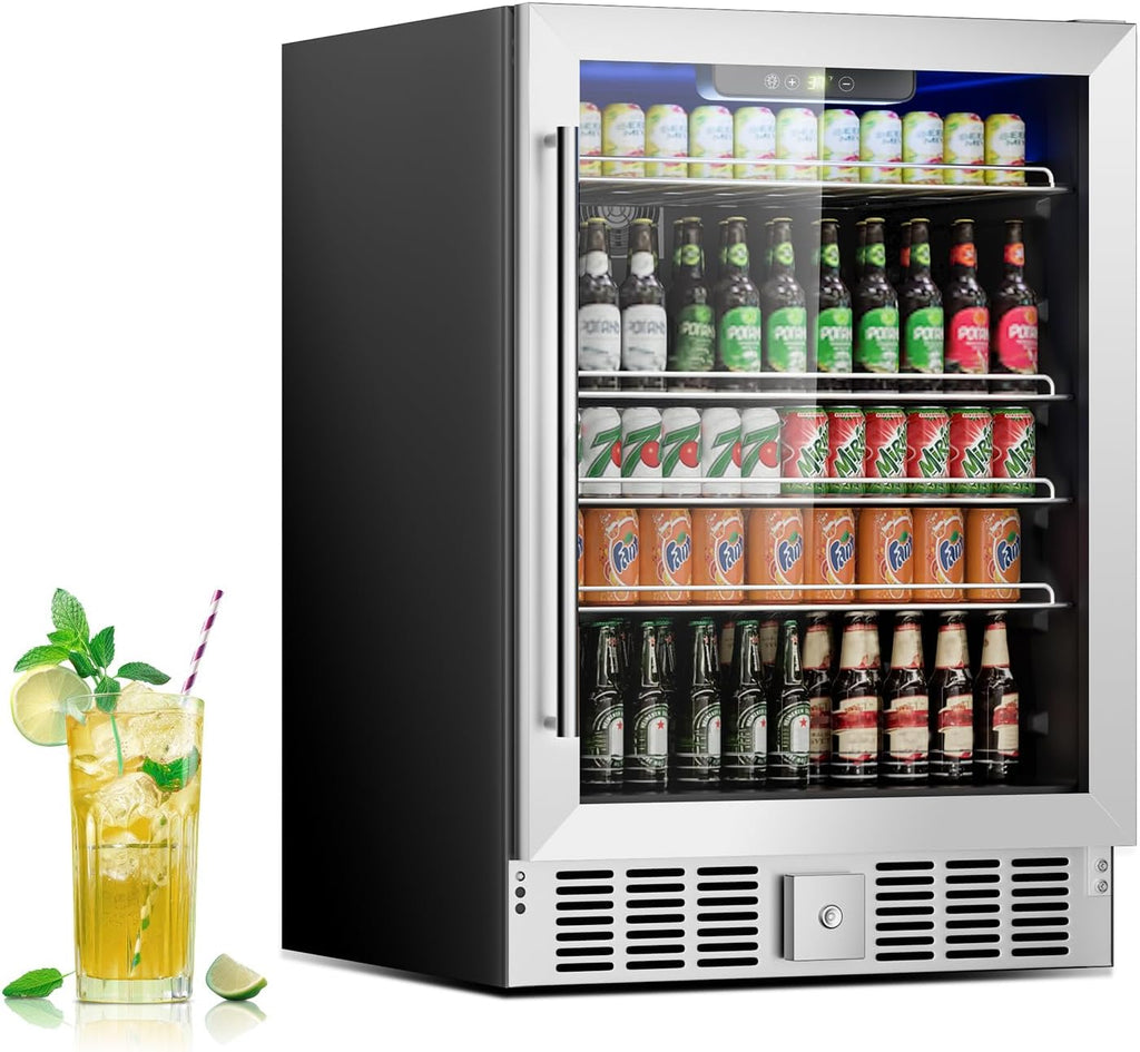 Stopasd Beverage Refrigerator Cooler, 5.3 Cu.Ft/166 Can Drink Fridge with Adjustable Shelves & Glass Door for Soda Wine Beer, Quiet Undercounter Small Fridge for Home/Office/Bar/Garage(37-61 ℉),Sliver