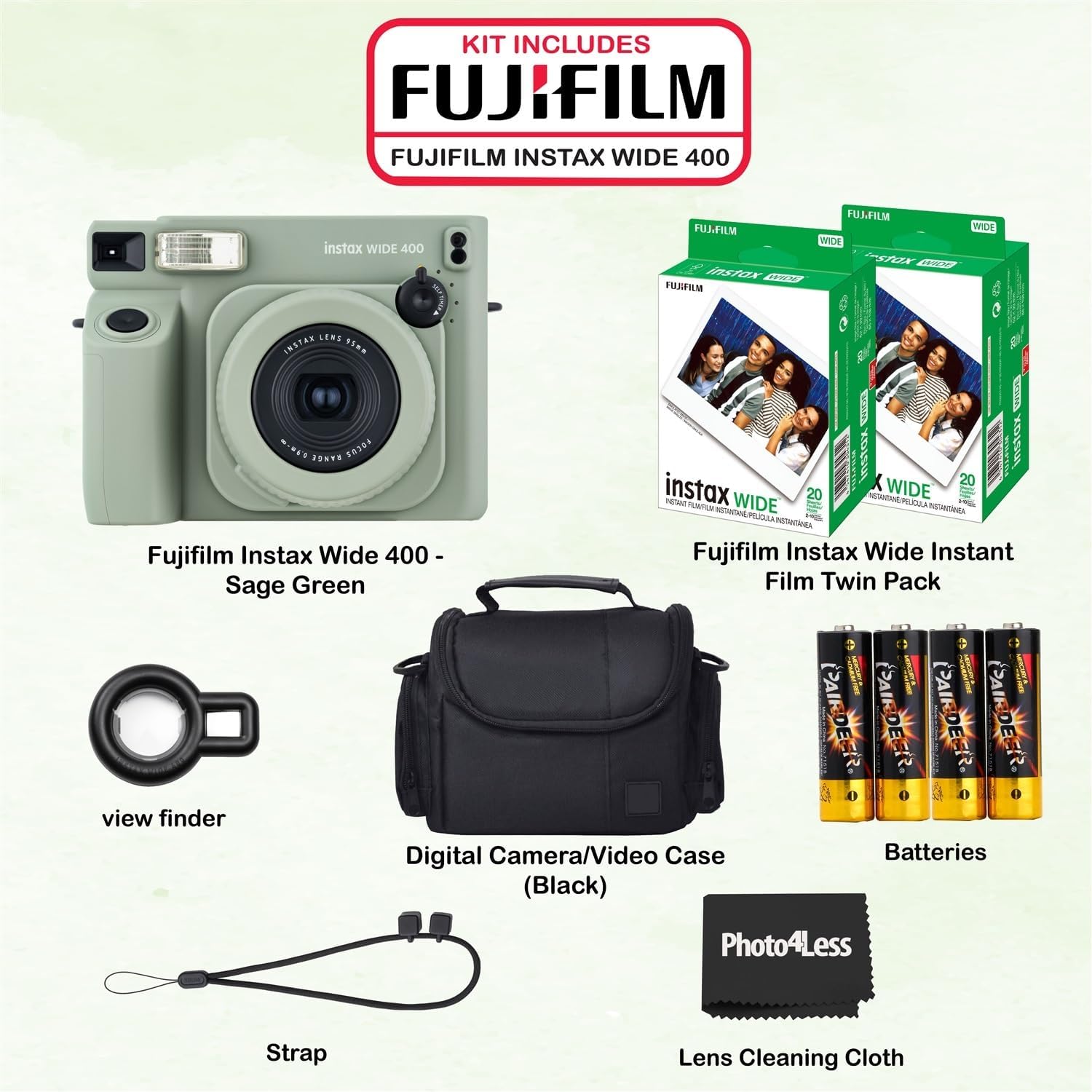 Fujifilm Instax Wide 400 Instant Film Camera (Sage Green) Bundle with Instax Wide Instant Film (40 Sheets), with Accessories Including Protective Carrying Case