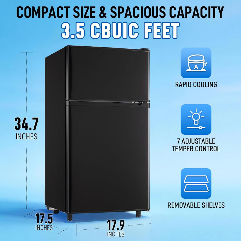 WANAI 3.5 CU.FT 2 Door Mini Fridge with Freezer Freestadning Small Refrigerator Features 7 Gear Mechanical Control, Side Bottle Rack, 2 Glass Removable Shelves, Crisper Drawer Black