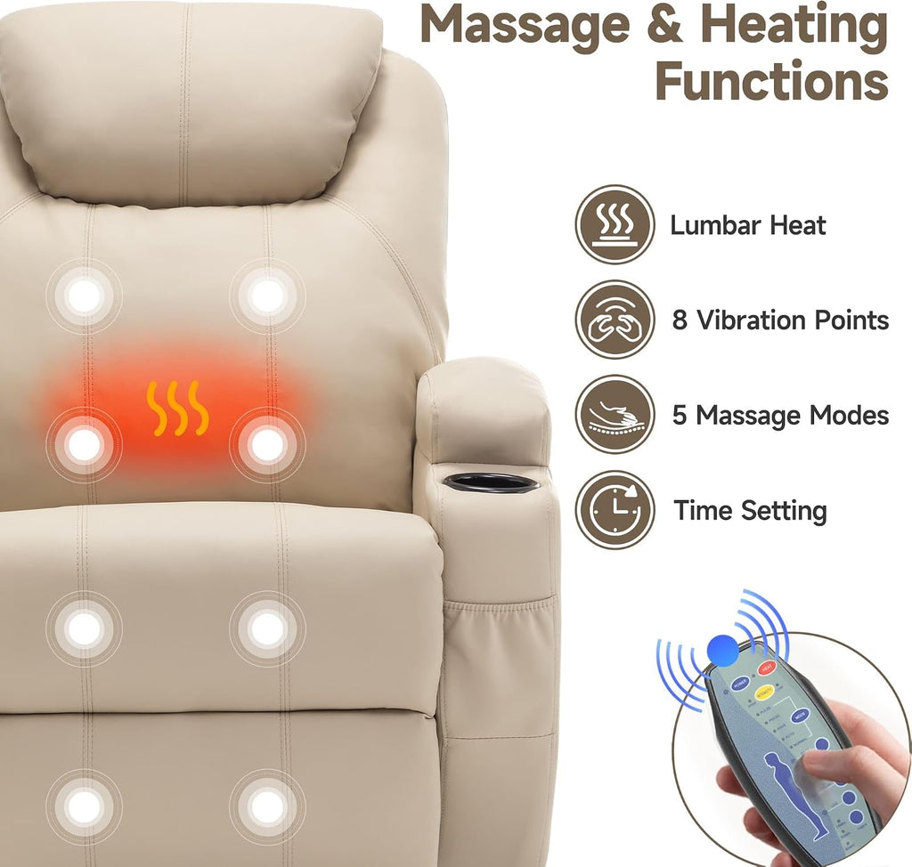 Korser Recliner Chair, Rocking Chair with Massage and Heat, 360° Swivel Recliner Chairs for Adults, Rocker Manual Recliner with Remote Control and Cup Holder for Living Room, Bedroom, Nursery