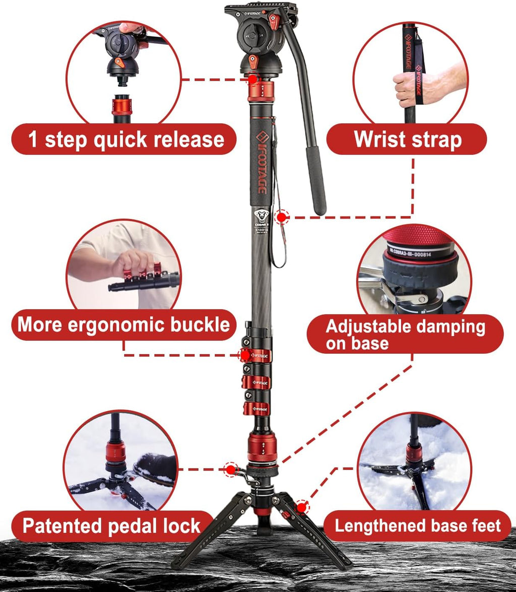 IFOOTAGE Monopod Cobra 3 C180F-P, 71' Monopod for Camera Carbon Fiber Travel Monopod with Feet, 1/4'' & 3/8'' Quick Release Compatible with Sony Canon Nikon DSLR Camera, Payload 17.6Lb