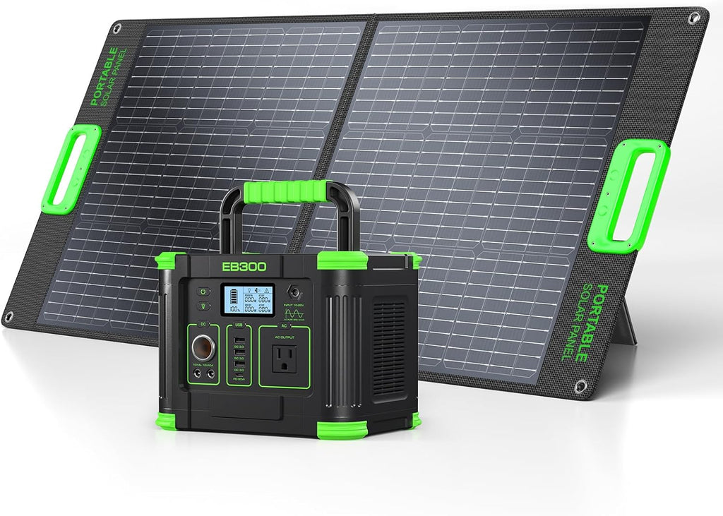 300W Portable Power Station with 100W Foldable Solar Panel, 288Wh Solar Generator AC Outlet, MC-4 Solar Battery Charger, 60W USB-C PD Fast Charging for Outdoor Camping, Home Emergency, RV Travel, Van