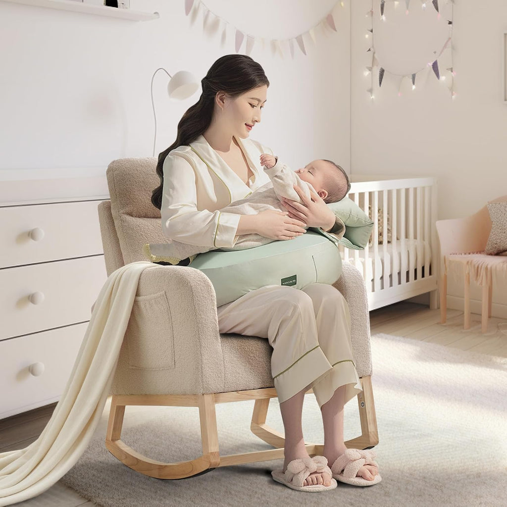 GAOMON Rocking Chair Glider for Nursery, Comfy Rocker Nursery with Side Pocket & High Backrest, Baby Rocking Chair for Breastfeeding, Upholstered Rocker & Living Room, Beige