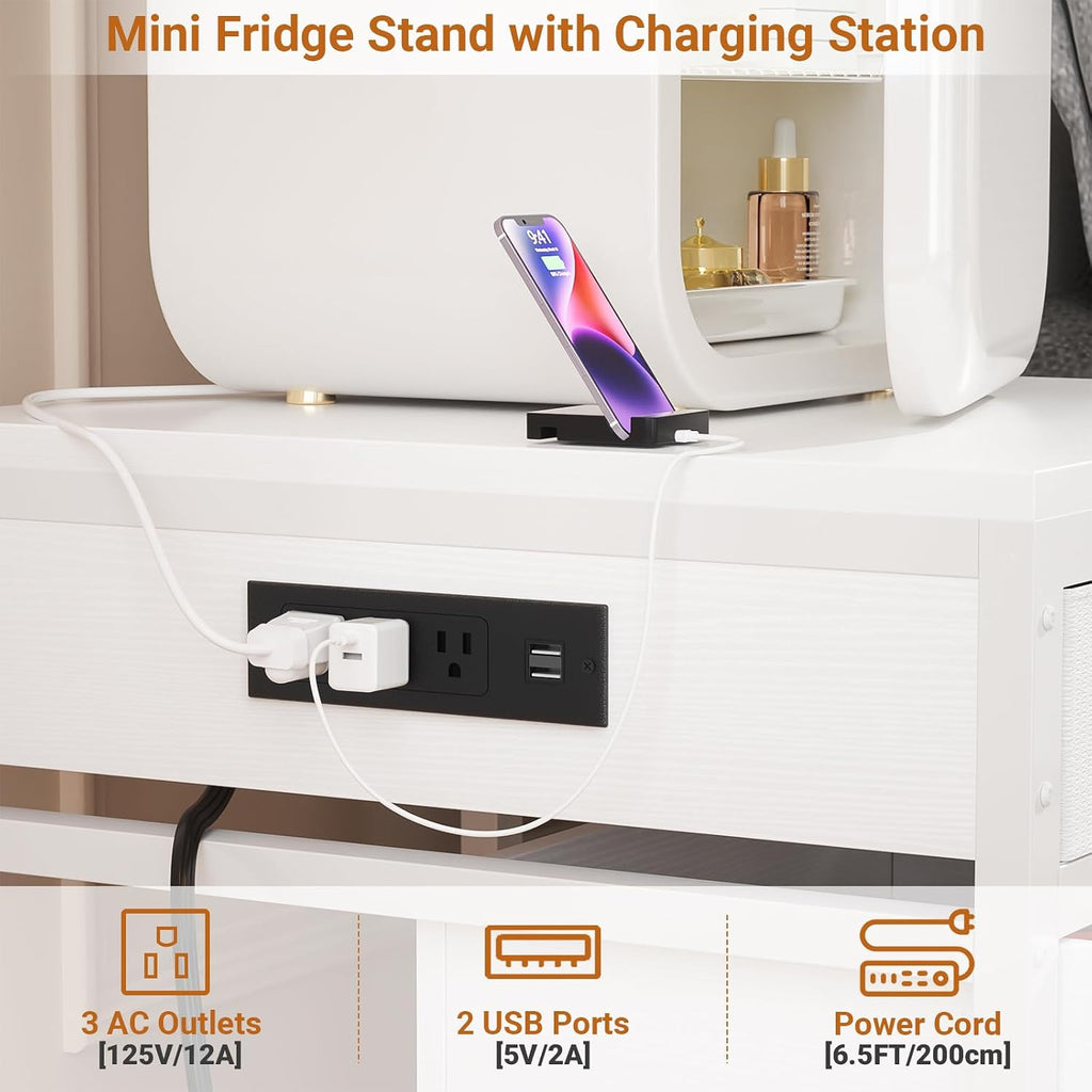 Unikito Mini Fridge Stand with Drawer Storage and Sockets, Heavy Duty Small Refrigerator Stand Cart for Dorm, Apartment, Office, Bedroom, Mini Fridge and Microwave Stand, Hold 300LBS, White