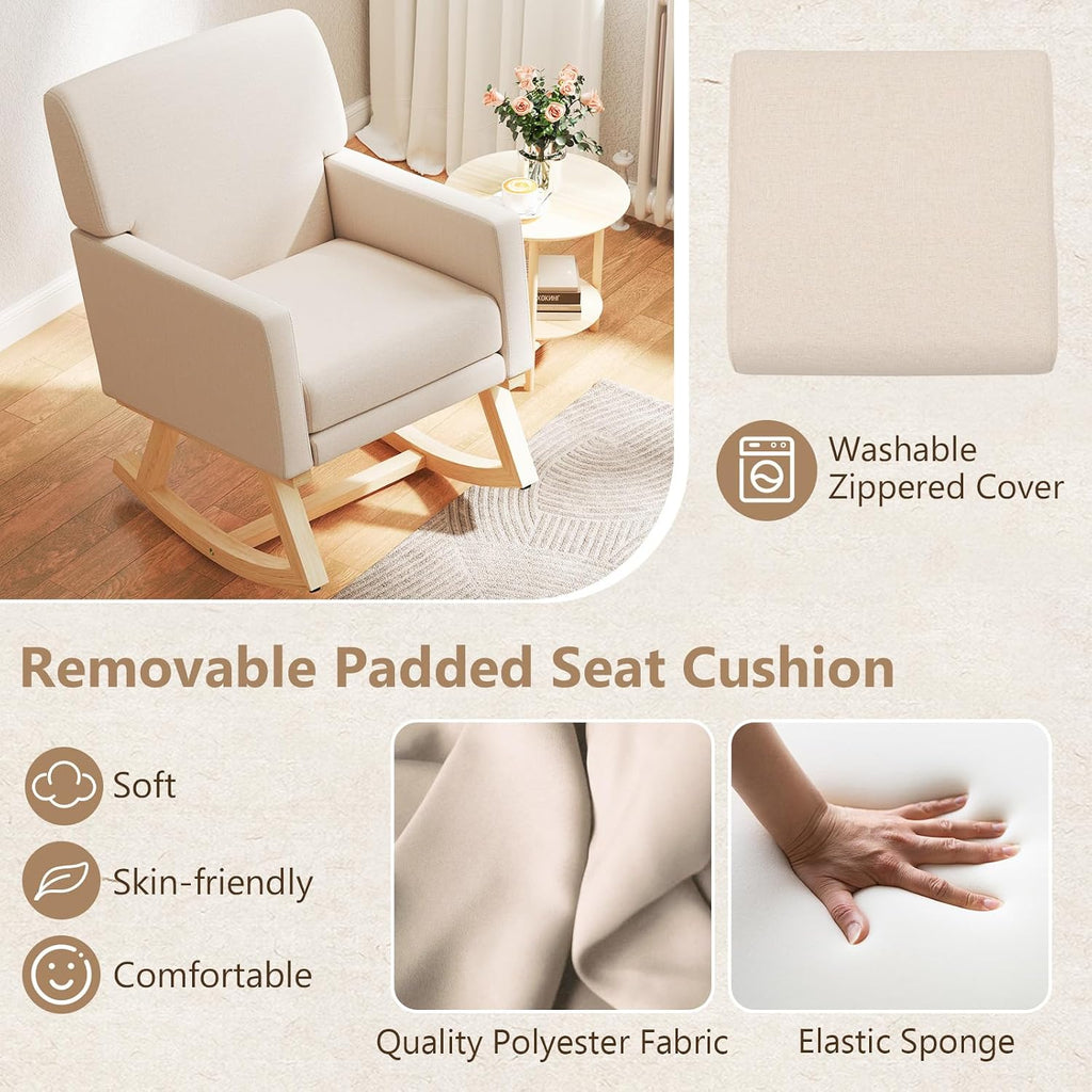 Giantex Upholstered Rocking Chair, Nursery Rocking Chair w/Widened Back, Machine-Washable Seat Cushion Cover, Solid Rubber Wood Frame, Glider Rocker Accent Chair for Living Room, Bedroom, Beige