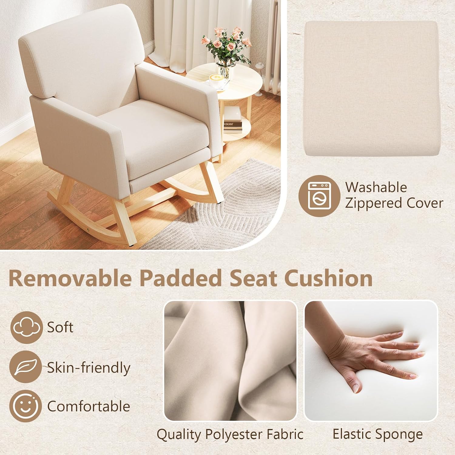 Giantex Upholstered Rocking Chair, Nursery Rocking Chair w/Widened Back, Machine-Washable Seat Cushion Cover, Solid Rubber Wood Frame, Glider Rocker Accent Chair for Living Room, Bedroom, Beige