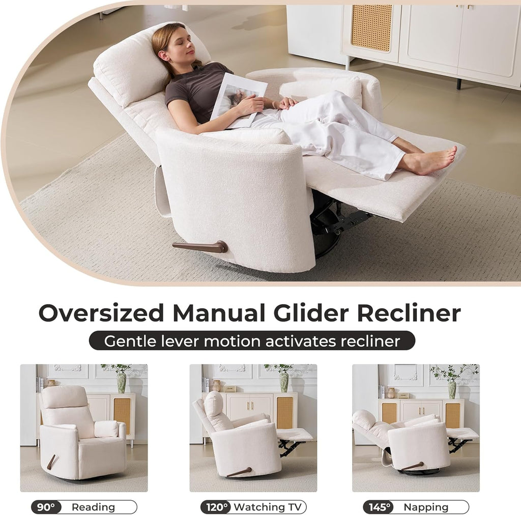 Oversized Swivel Rocker Recliner Chair with Storage Ottoman, Manual Swivel Glider Rocker Recliner with Massage and Heat, Rocking Nursery Chair with 2 Bolster Pillows, Adjustable Headrest, White