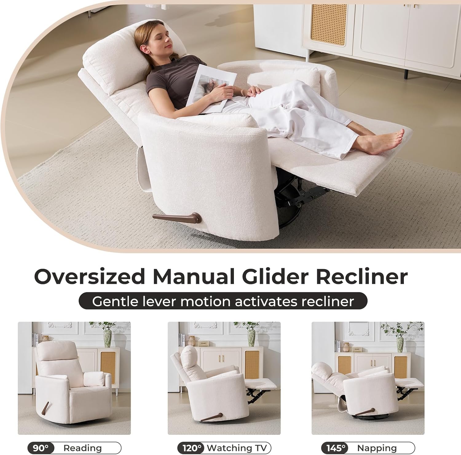 Oversized Swivel Rocker Recliner Chair with Storage Ottoman, Manual Swivel Glider Rocker Recliner with Massage and Heat, Rocking Nursery Chair with 2 Bolster Pillows, Adjustable Headrest, White
