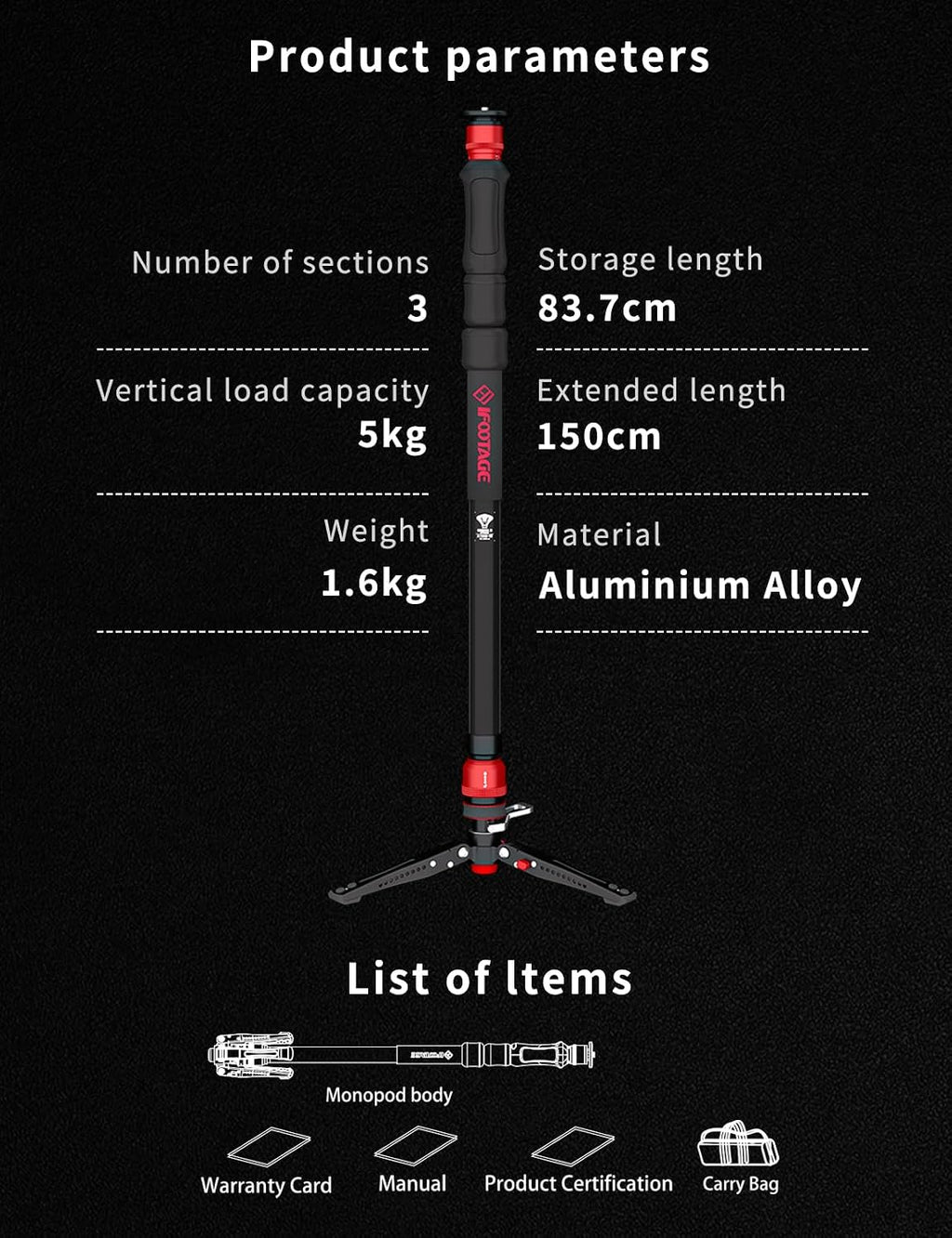 IFOOTAGE Monopod Cobra 3 Strike A150S, 59' Monopod for Camera Aluminum Travel Monopod with Feet, 1/4'' & 3/8'' Quick Release Compatible with Sony Canon Nikon DSLR Camera, Payload 11Lb
