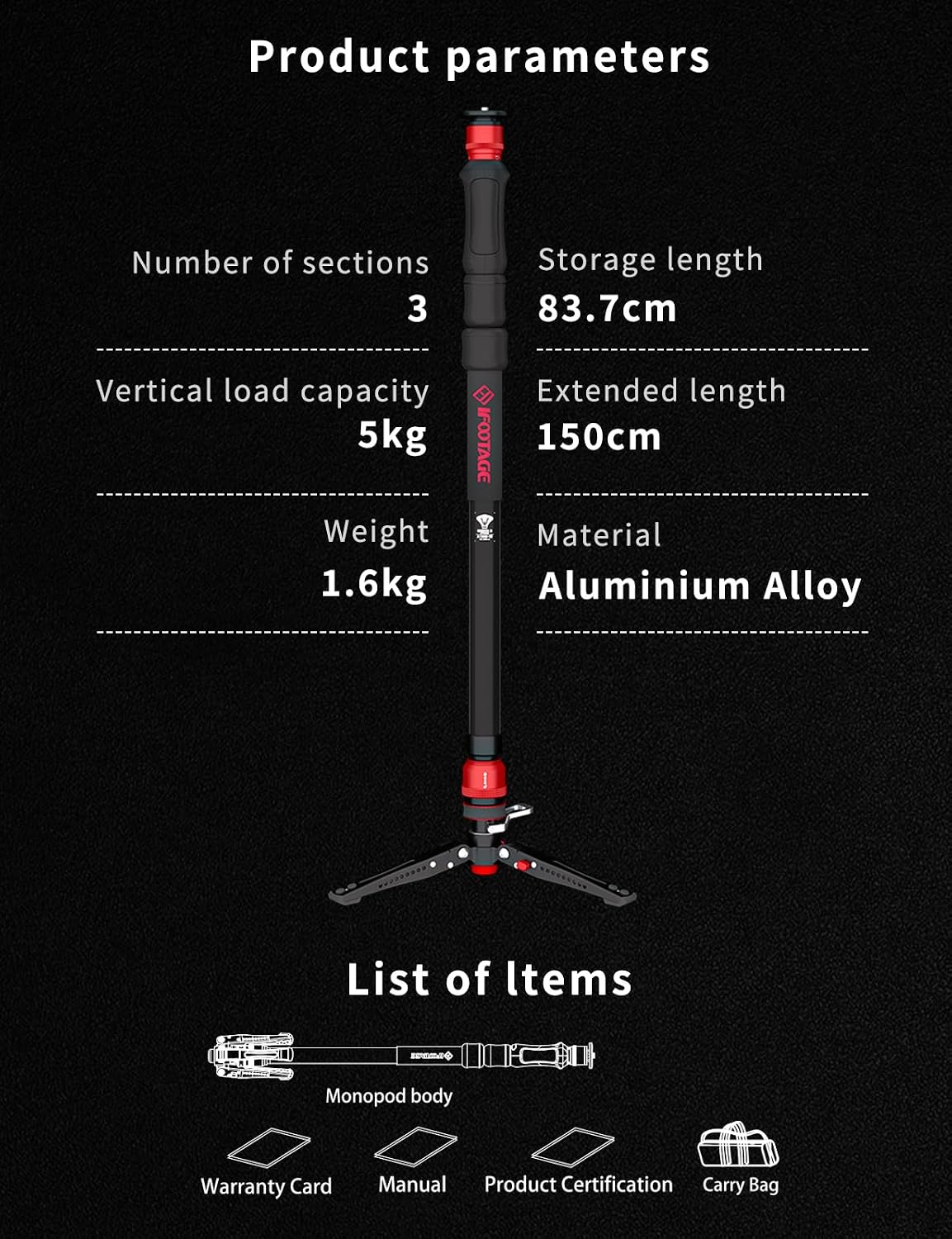 IFOOTAGE Monopod Cobra 3 Strike A150S, 59' Monopod for Camera Aluminum Travel Monopod with Feet, 1/4'' & 3/8'' Quick Release Compatible with Sony Canon Nikon DSLR Camera, Payload 11Lb