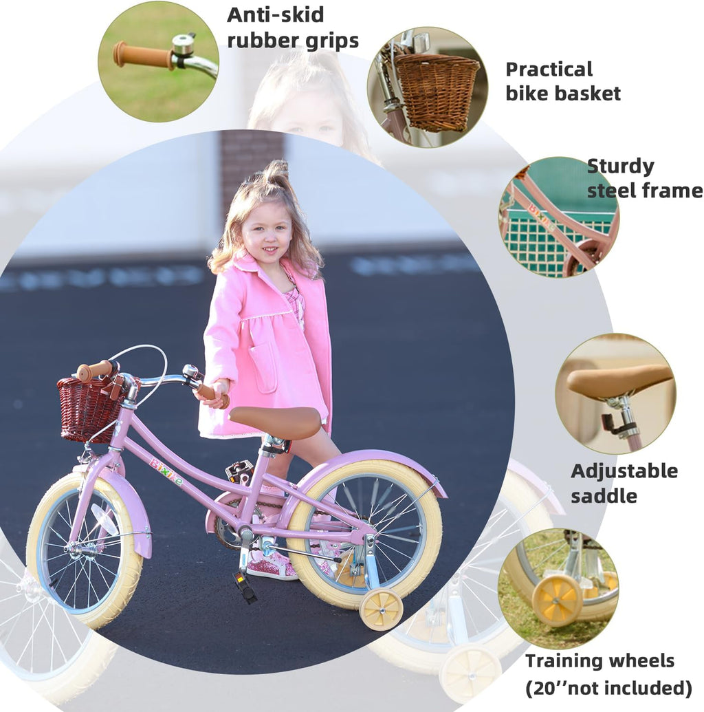 Bixike Retro Design Girls Bike with Basket and Coaster Brake for 3-13 Years Old Kids, 14 16 18 Inch Bicycle for Toddlers with Training Wheels, 20 Inch with Kickstand, Multiple Colors