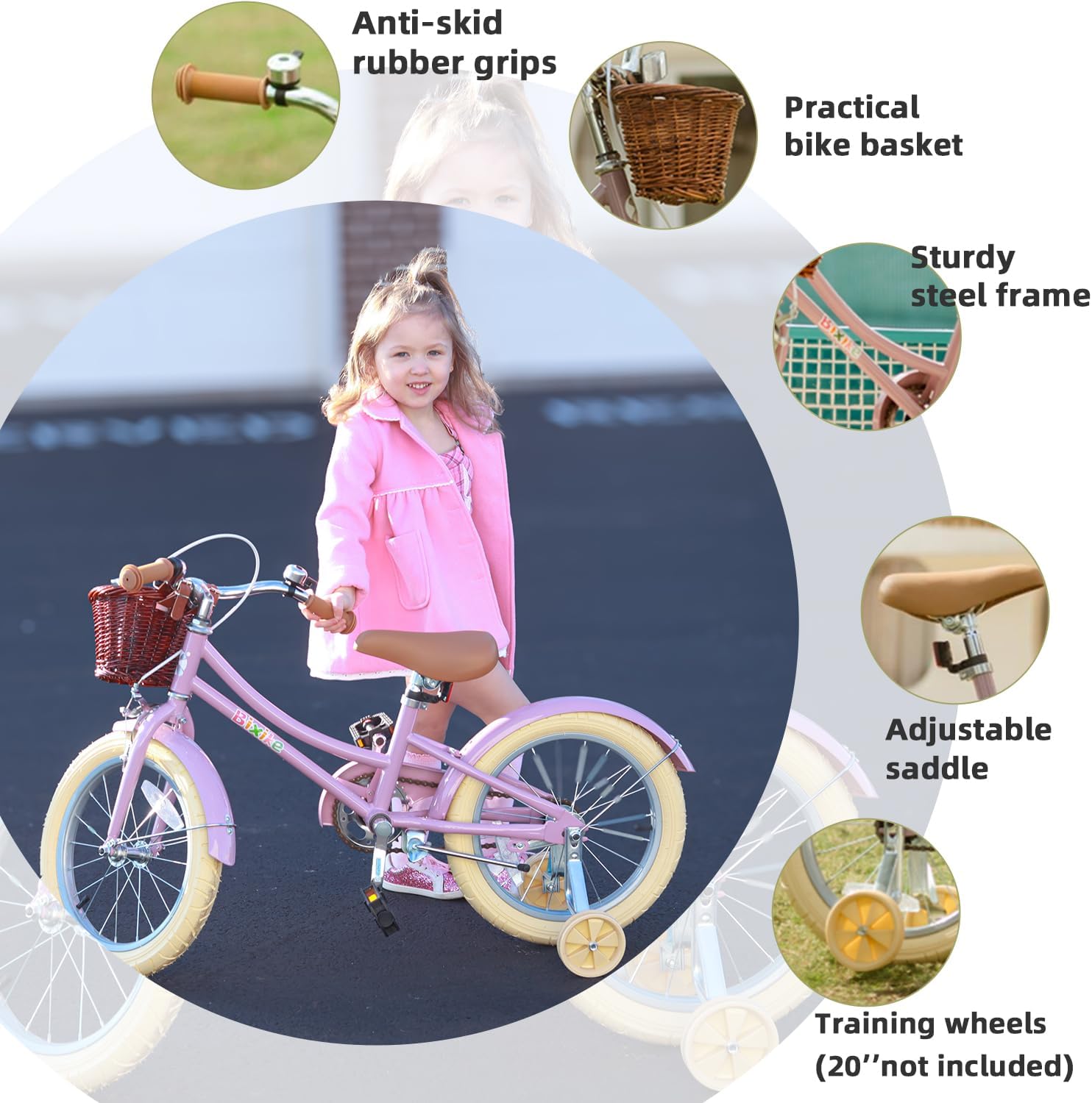 Bixike Retro Design Girls Bike with Basket and Coaster Brake for 3-13 Years Old Kids, 14 16 18 Inch Bicycle for Toddlers with Training Wheels, 20 Inch with Kickstand, Multiple Colors