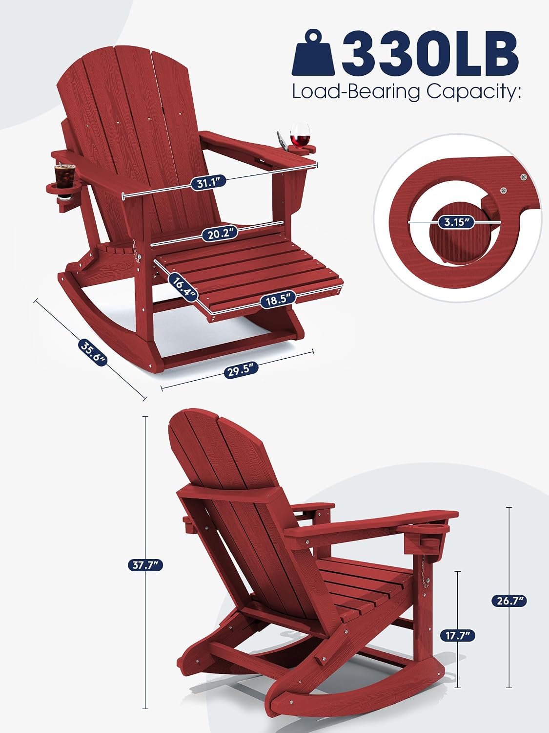 KINGYES Adirondack Rocking Chair Set of 4 with Retractable Ottoman and Cup Holders, HDPE Adirondack Rocker Patio Rocking Chair for Porch, Patio, Balcony, Burgundy Red