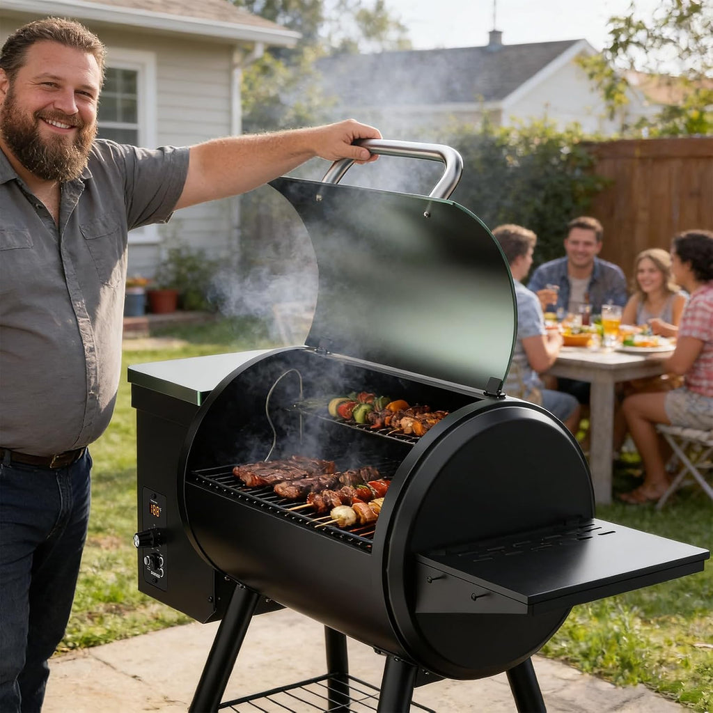 Electric Pellet Smoker Grill 565 SQ.IN Cook Area Pellet Smoker with Auto Feed & PID Controller 500°F Max Temperature 8 in 1 BBQ Grill with Meat Probe & Side Table with Hooks Perfect for Outdoor BBQ