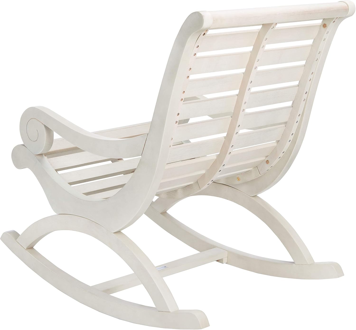 SAFAVIEH Outdoor - Sonora Rocking Chair - White Washed - Solid Wood - Transitional British Slatted Design - Ideal for Patio, Deck, Porch, Backyard, 17.7' Seat Height (PAT7016C)