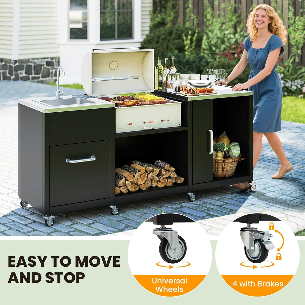 Happygrill 80' Outdoor Grill Table with Sink & Drainage, Heavy Duty Metal Grill Cart w/Cabinet & Removable Stainless Steel Top, Portable Prep Cooking Table w/Wheels for BBQ, Patio, Camping & Backyard