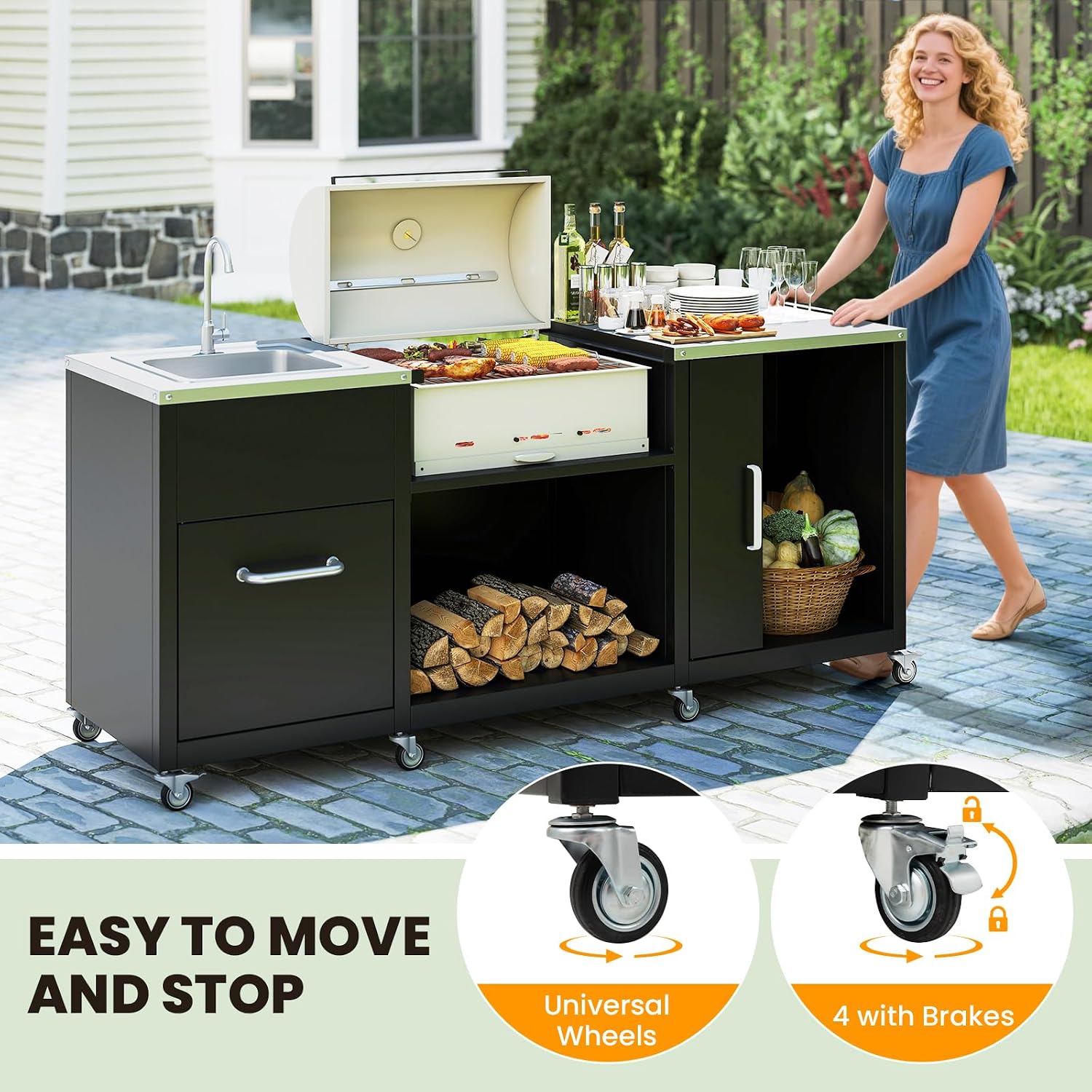 Happygrill 80' Outdoor Grill Table with Sink & Drainage, Heavy Duty Metal Grill Cart w/Cabinet & Removable Stainless Steel Top, Portable Prep Cooking Table w/Wheels for BBQ, Patio, Camping & Backyard