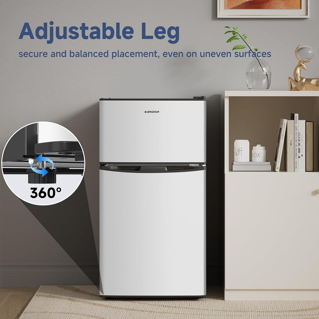 BANGSON 3.2 CU.FT Mini Fridge with Freezer Bedroom, 2 Door Office Small Refrigerator, Quiet Compact Fridge for Home, Dorm, Apartment, Garage, RV, Adjustable Thermostat, Low Noise, Black, Silver