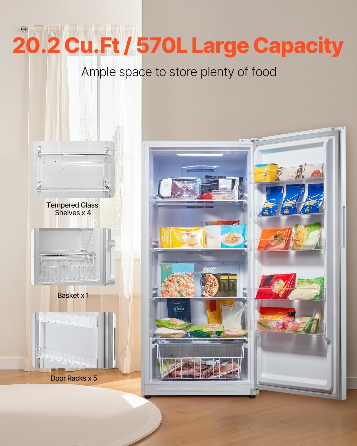 VEVOR Convertible Freezer/Refrigerator, 20.2 Cu.Ft Frost Free Upright Freezer with Temp Control Panel, Door Open too Long Alarm, Adjustable Shelves and LED, Standing Fridge for Kitchen, Office, Garage