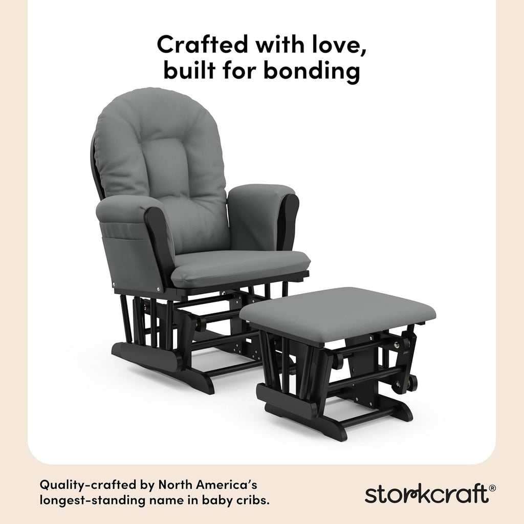 Storkcraft Premium Hoop Glider & Ottoman (Black with Gray) — GREENGUARD Gold Certified, Solid Wood Craftsmanship, Convenient Storage Pockets, Smooth-Gliding Chair for Nursery, Multi-Award-Winning
