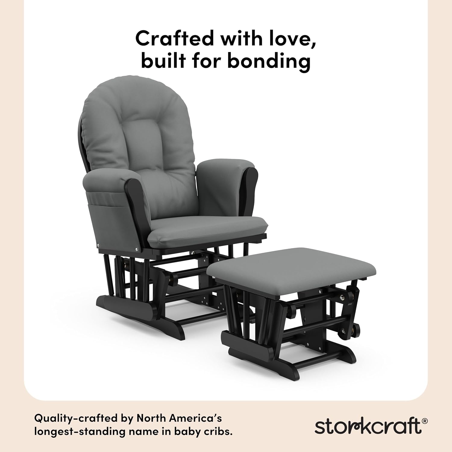 Storkcraft Premium Hoop Glider & Ottoman (Black with Gray) — GREENGUARD Gold Certified, Solid Wood Craftsmanship, Convenient Storage Pockets, Smooth-Gliding Chair for Nursery, Multi-Award-Winning