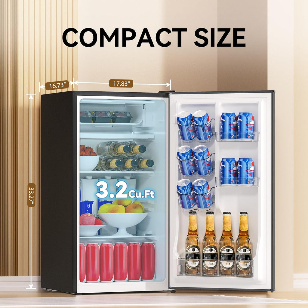 3.2 Cu. Ft. Single Door Mini Fridge with Freezer, Adjustable Thermostat, Energy Saving Low Noise Small Refrigerator for Bedroom Office Dorm, Black