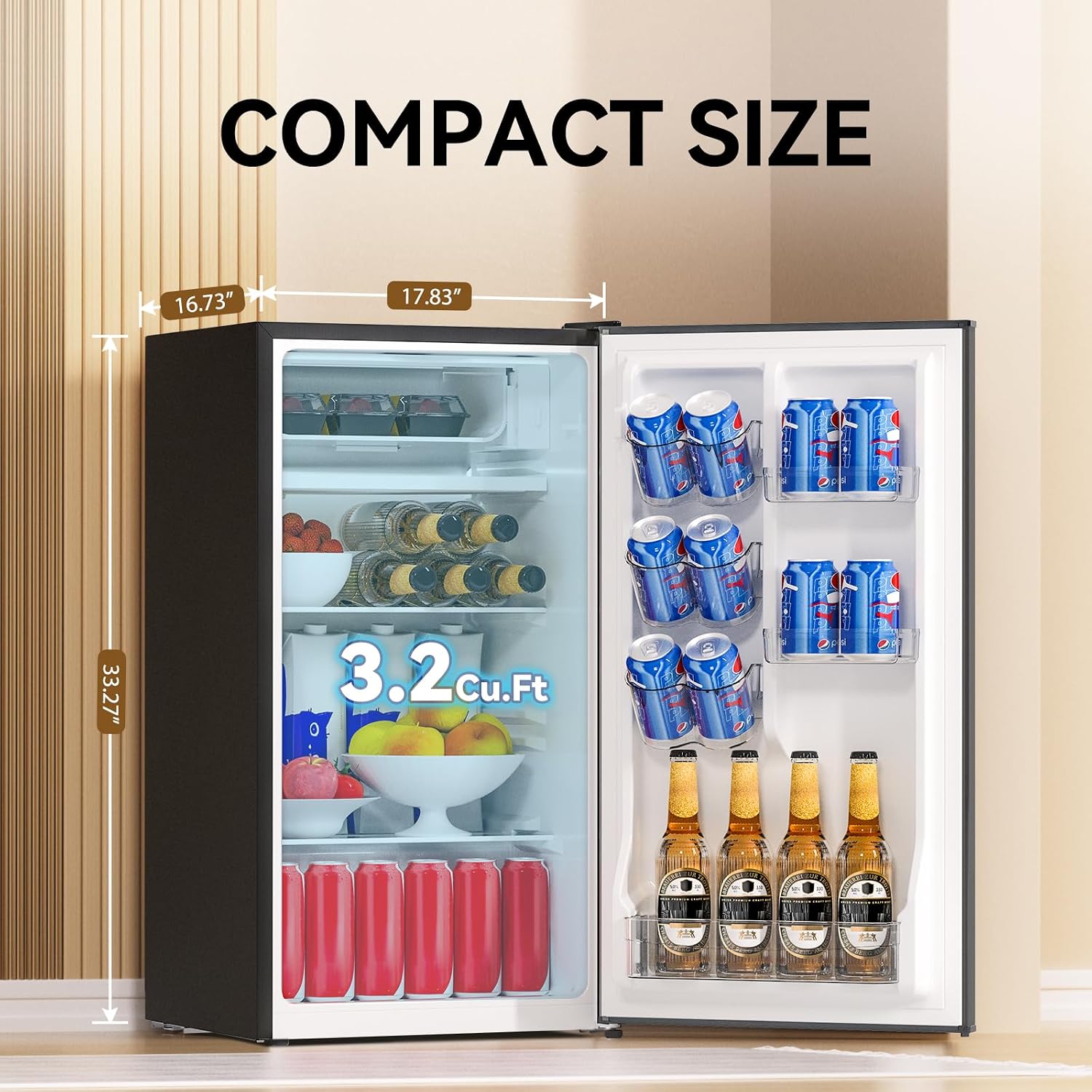 3.2 Cu. Ft. Single Door Mini Fridge with Freezer, Adjustable Thermostat, Energy Saving Low Noise Small Refrigerator for Bedroom Office Dorm, Black