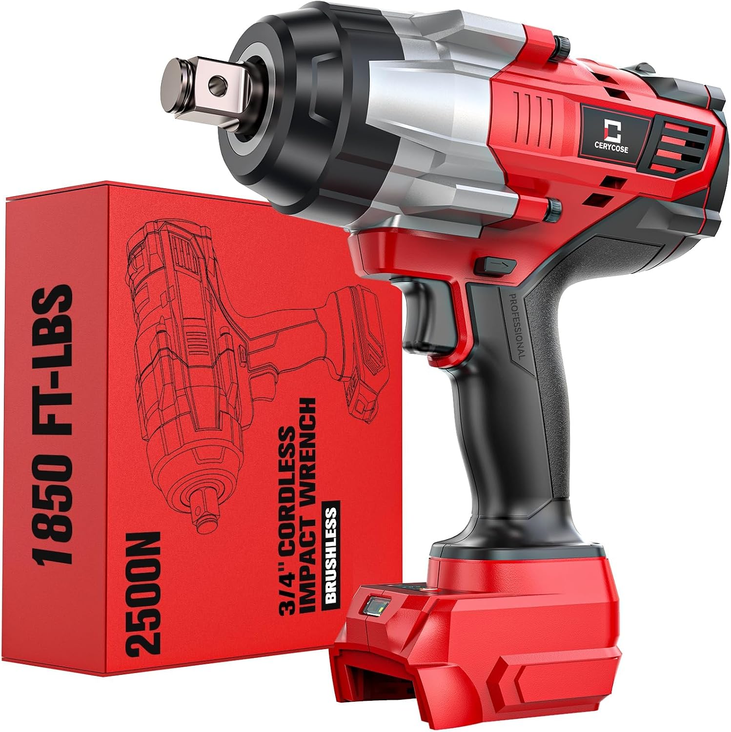 Cordless Impact Wrench 3/4 inch Compatible with Milwaukee Battery, Cerycose1850ft-lbs (2500N.m) Brushless Electric Impact Gun, High Torque Impact Driver, Bare Tool Only，Heavy-Duty Automotive