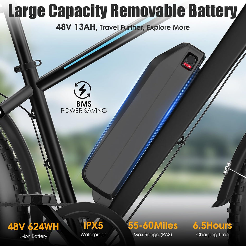Electric Bike for Adults, 1000W Peak 20MPH 60Miles Ebike,48V 13AH Battery Electric Mountain Bike, 26' x 4'' Fat Tire Electric Bicycle with Rear Rack, Fenders, 7 Speed, UL 2849 Certified