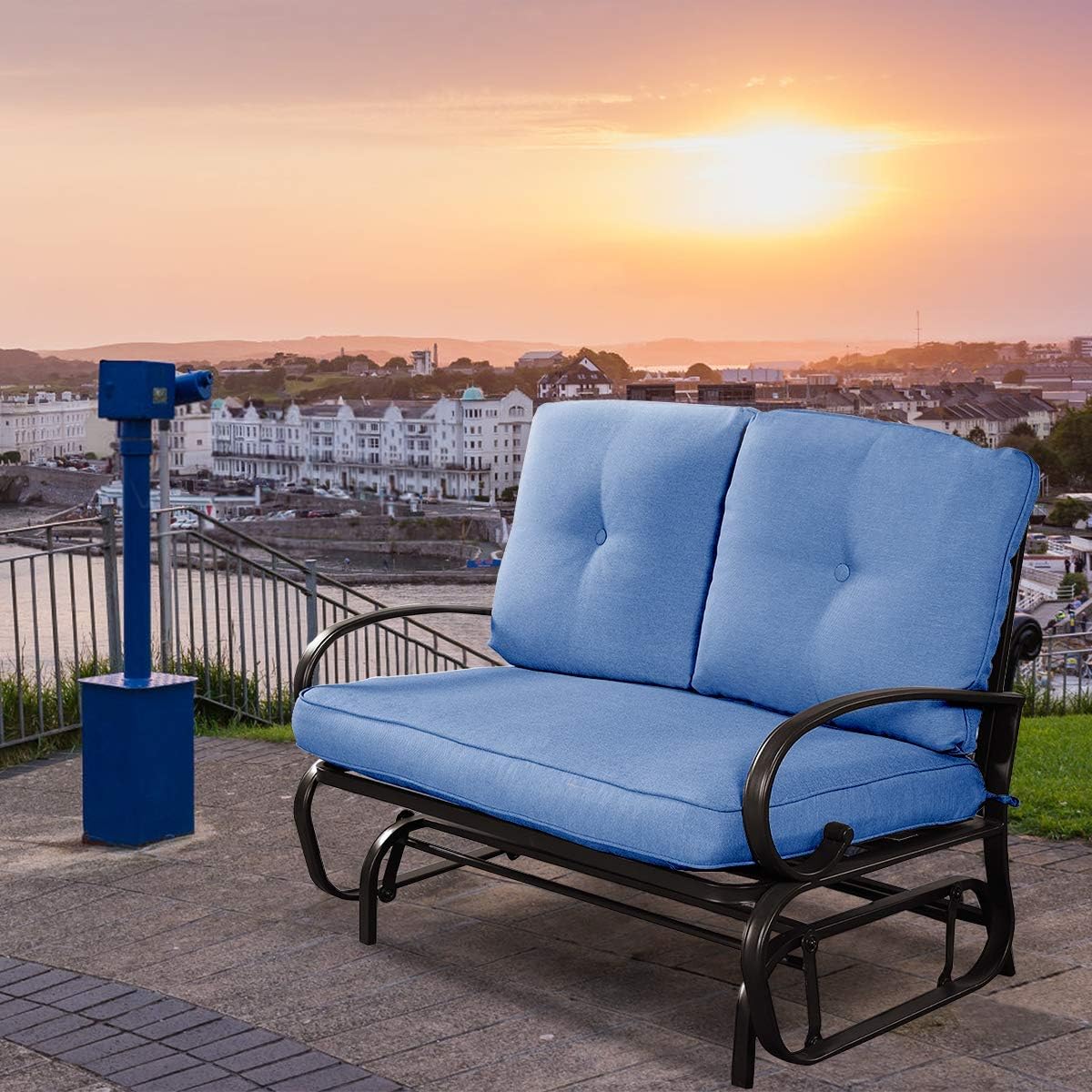Giantex Outdoor Glider Bench, Patio 2 Person Loveseat with Removable Cushion, Padded Seat, Stable Steel Frame, Outside Glider Swing Chair for Deck, Poolside, Backyard, Balcony, Porch Glider(Navy)
