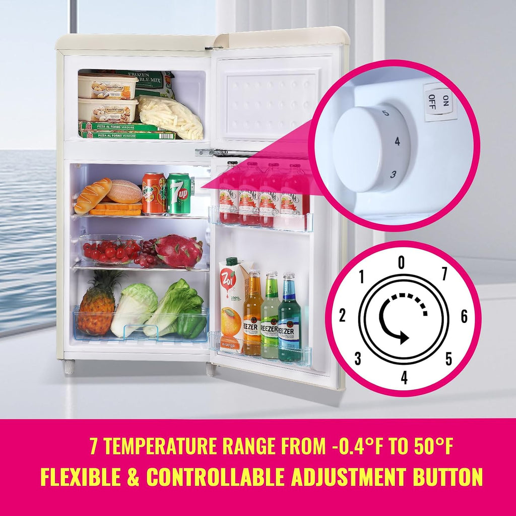 DEMULLER Retro Mini Fridge 3.5 Cu.ft Small Refrigerator with Top Freezer Compact Fridge Apartment Size Refrigerator Dual Door with Handles for Home Office Dorm