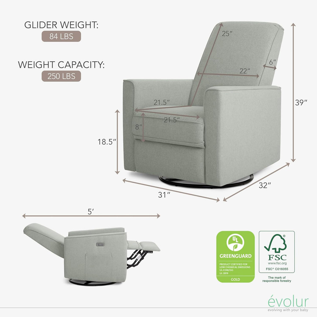 évolur Harlow Upholstered Power Glider Recliner with USB Charging – Rocking & 275° Swivel with Smooth Glide – Greenguard Gold & FSC Certified – Modern Nursery and Living Room Chair in Light Grey