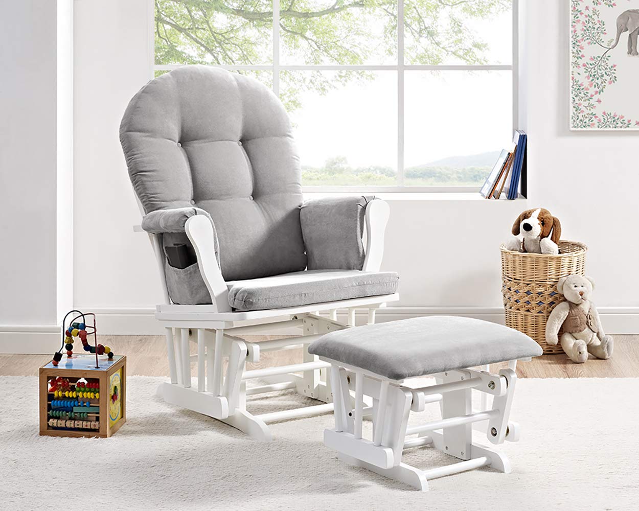 Windsor Glider and Ottoman, Polyester, Wood, Metal, White with Gray Cushion