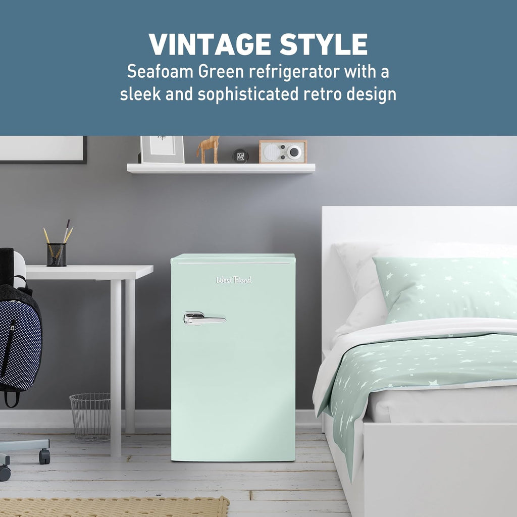 West Bend Mini Fridge for Bedroom, Office, Bar or College Dorm Room, Retro Compact Refrigerator features single door, glass shelves and adjustable temperature control, 3.0-Cu.Ft., Seafoam Green